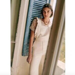 Sezane Rosario Ruffle Overalls Jumpsuit Cream Size 38 Meduim